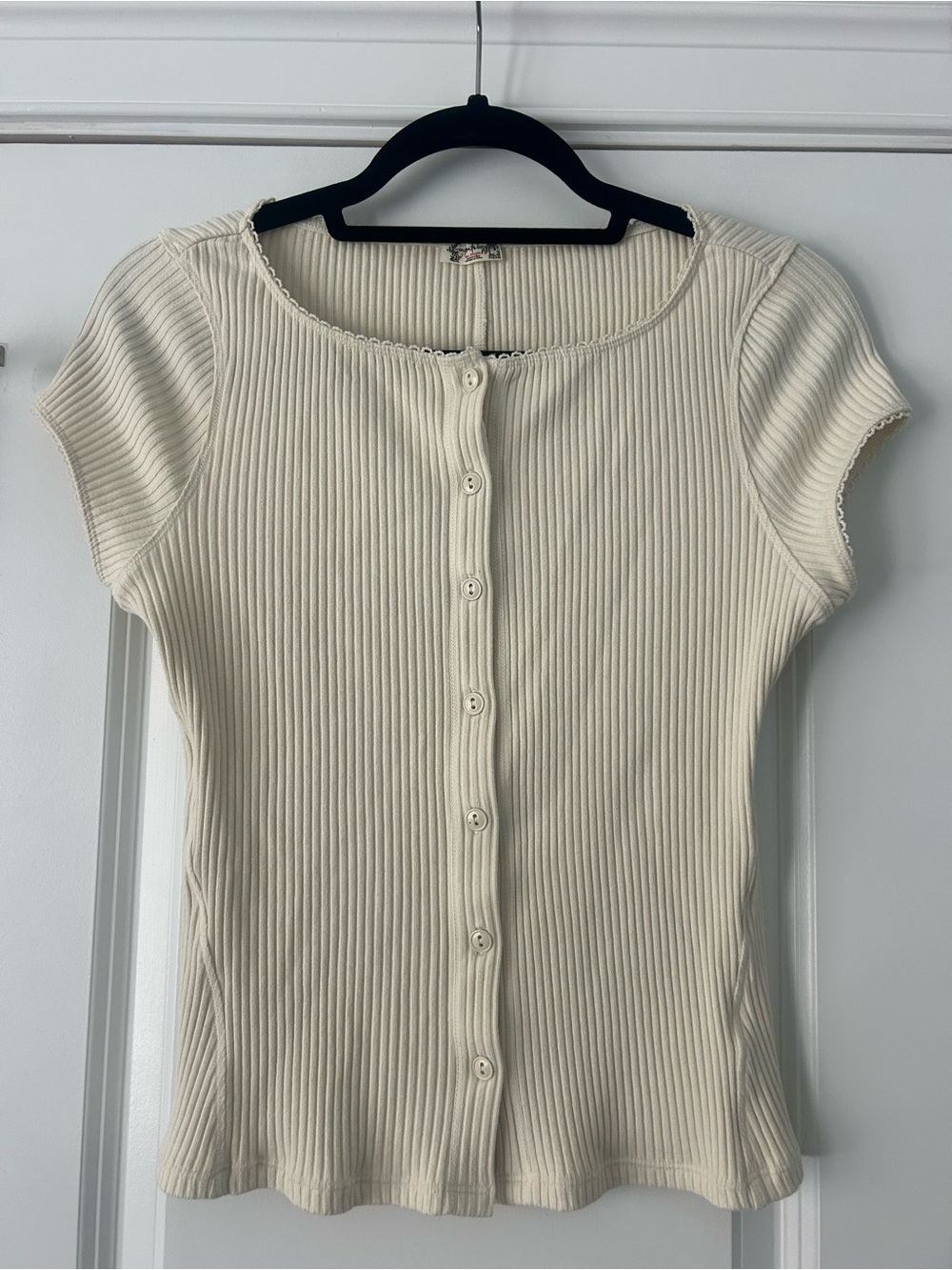 Free People Cream Ribbed Button-Front Women's Top